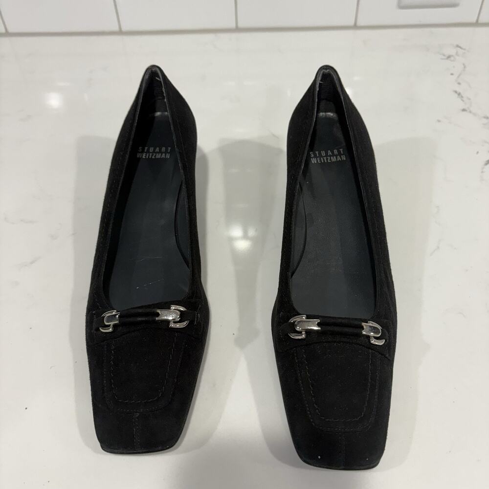 Stuart Weitzman Heels Womens Pumps Black Slip On Square Toe Block Heels- Size 8W - Picture 2 of 8